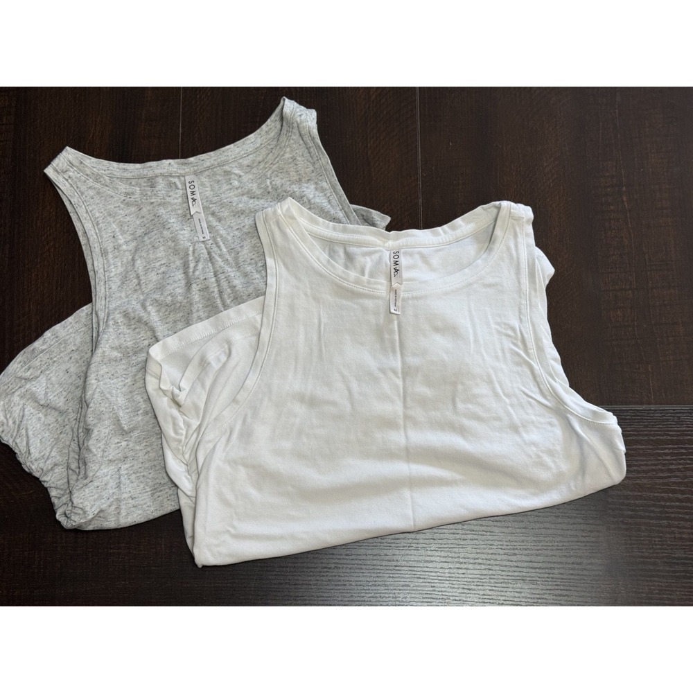 Soma Ruched Pajama Tank Tops Set of 2 White Heather Gray Sleeveless Cami M
